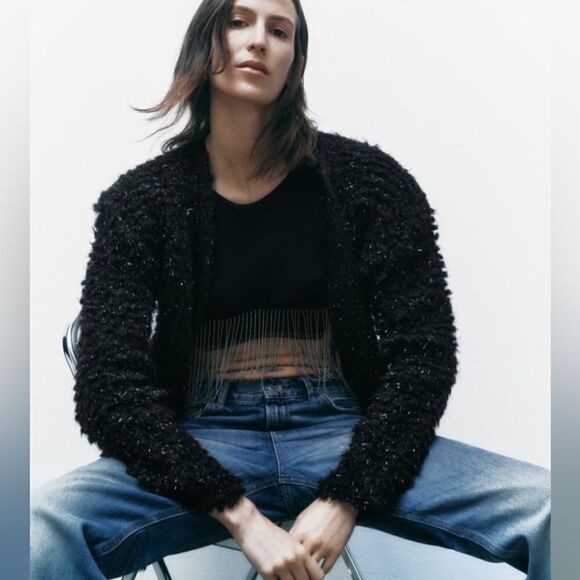 ZARA METALLIC THREAD LONG KNIT CARDIGAN - Picture 5 of 6